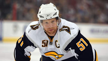Dec 29, 2007; Pittsburgh, PA, USA; Buffalo Sabres defenseman (51) Brian Campbell before their game against the Pittsburgh Penguins at Mellon Arena in Pittsburgh, PA. Mandatory Credit: Tom Szczerbowski-Imagn Images
