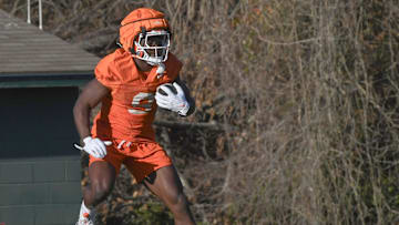 Clemson running back Gideon Davidson (9) during the first football practice at the Allen N. Reeves Football Complex at Clemson University in Clemson, S.C. Friday, February 28, 2025.