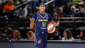May 28, 2025; Washington, District of Columbia, USA; Indiana Fever guard Sydney Colson (51) reacts to a call from the referee in the first quarter against the Washington Mystics at Entertainment & Sports Arena. Mandatory Credit: Emily Faith Morgan-Imagn Images