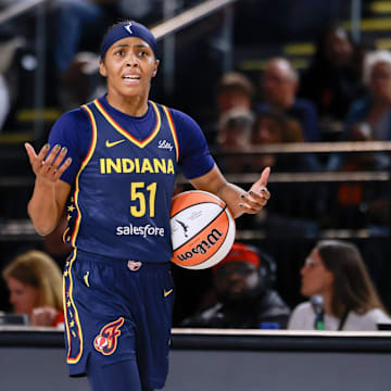 May 28, 2025; Washington, District of Columbia, USA; Indiana Fever guard Sydney Colson (51) reacts to a call from the referee in the first quarter against the Washington Mystics at Entertainment & Sports Arena. Mandatory Credit: Emily Faith Morgan-Imagn Images
