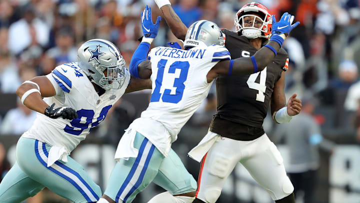 Cleveland Browns QB Deshaun Watson under pressure from Dallas Cowboys DE Marshawn Kneeland and LB DeMarvion Overshown. Cleveland Browns QB Deshaun Watson under pressure from Dallas Cowboys DE Marshawn Kneeland and LB DeMarvion Overshown.
