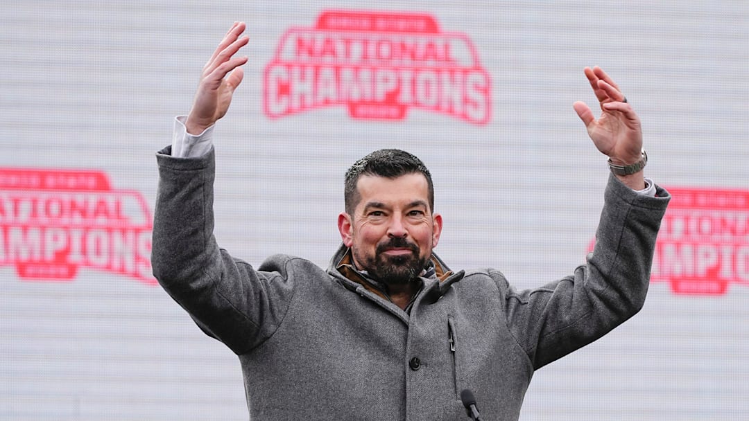Head coach Ryan Day fires up the crowd during the Ohio State Buckeyes College Football Playoff National Championship celebration at Ohio Stadium in Columbus on Jan. 26, 2025. Head coach Ryan Day fires up the crowd during the Ohio State Buckeyes College Football Playoff National Championship celebration at Ohio Stadium in Columbus on Jan. 26, 2025.