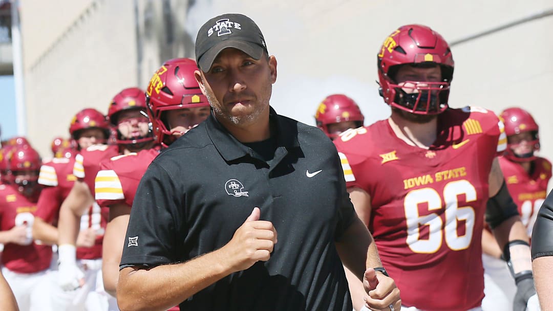 Iowa State Cyclones football head coach Matt Campbell leads the team to enter the field before the game in the season opening football at Jack Trice Stadium on Aug. 31, 2024,  in Ames, Iowa