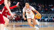 USC Trojans guard JuJu Watkins (12) drives Friday, March 7, 2025, agains the Indiana Hoosiers during the Big Ten women's tournament at Gainbridge Fieldhouse in Indianapolis.