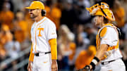 Tennessee head coach Tony Vitello smiles as he approaches the mound to take pitcher Liam Doyle out of the game during a NCAA Baseball Tournament Knoxville Regional game between Tennessee and Miami Ohio on May 30, 2025.