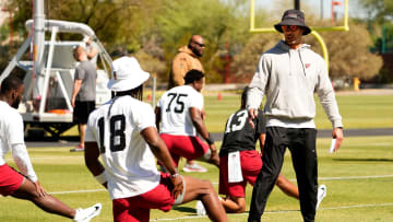 Arizona Cardinals head coach Jonathan Gannon talks to wide receiver Marvin Harrison Jr. (18) during rookie mini-camp on May 10, 2024, in Tempe.