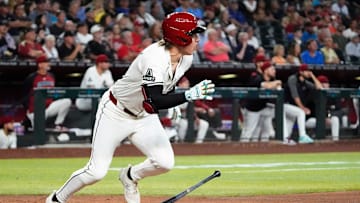 Arizona Diamondbacks Jake McCarthy gets his first hit of the season, a double against the Baltimore Orioles in the fifth inning at Chase Field in Phoenix, on April 9, 2025.