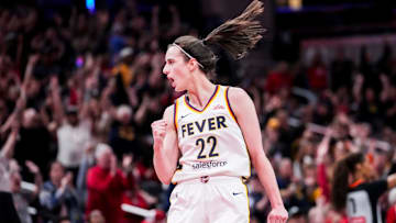 Indiana Fever guard Caitlin Clark celebrates during a game against the New York Liberty at Gainbridge Fieldhouse 