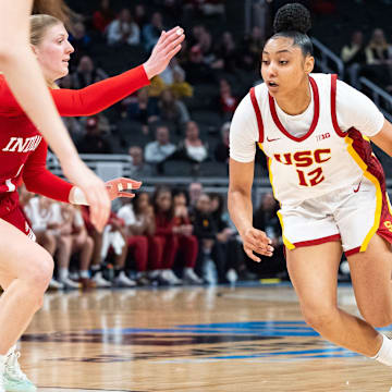 USC Trojans guard JuJu Watkins (12) drives Friday, March 7, 2025, agains the Indiana Hoosiers during the Big Ten women's tournament at Gainbridge Fieldhouse in Indianapolis.
