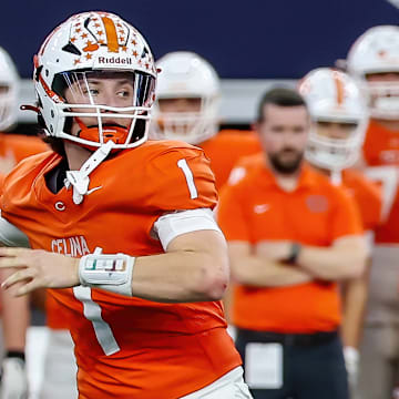 Quarterback Bowe Bentley of Celina passes during the Texas 4A Division I state championship game at AT&T Stadium.