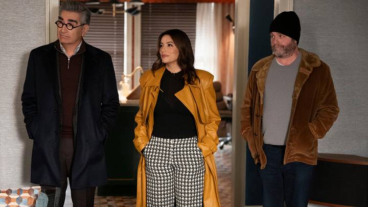 ONLY MURDERS IN THE BUILDING - “Two for the Road” - Charles, Oliver & Mabel begrudgingly pair off with new investigators... actors Eugene Levy, Zach Galifianakis & Eva Longoria. (Disney/Patrick Harbron)
EUGENE LEVY, EVA LONGORIA, ZACH GALIFIANAKIS