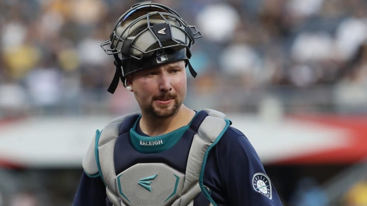 Aug 16, 2024; Pittsburgh, Pennsylvania, USA;  Seattle Mariners catcher Cal Raleigh looks to the dugout.