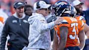 November 17, 2024, Denver, Colorado, USA: Broncos RB JAVONTE WILLIAMS is congratulated by Broncos Head Coach SEAN PEYTON after his rushing TD during the 1st. Half at Empower Field at Mile High Sunday afternoon. The Broncos beat the Falcons 38-6.