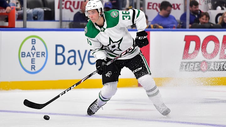 Sep 27, 2021; St. Louis, Missouri, USA;  Dallas Stars defenseman Joseph Cecconi (36) handles the puck during the first period against the St. Louis Blues at Enterprise Center. Mandatory Credit: Jeff Curry-Imagn Images