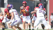 Iowa State Cyclones' quarterback JJ Kohl (10) looks for a throw the ball against Northern Iowa during the third quarter in the season-opening game at Jack Trice Stadium on Saturday, Sept. 2, 2023, in Ames, Iowa.