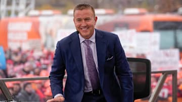 Kirk Herbstreit broadcasts from the ESPN College GameDay set prior to the NCAA football game between the Ohio State Buckeyes and the Indiana Hoosiers at Ohio Stadium in Columbus on Saturday, Nov. 23, 2024.