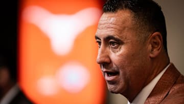 Texas Longhorns Head Coach Steve Sarkisian speaks during the Coaches' Press Conference at AT&T Stadium, Jan. 9, 2024. Both coaches answered questions from the media during the conference, and will face each other in the Cotton Bowl College Football Playoff semi-final game on Friday.