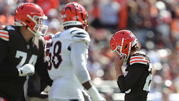 Cleveland Browns kicker Andre Szmyt, right, reacts after missing a field goal against the Cincinnati Bengals on Sept. 7, 2025, in Cleveland.