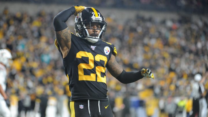 Oct 28, 2019; Pittsburgh, PA, USA; Pittsburgh Steelers cornerback Steven Nelson (22) reacts after a play against the Miami Dolphins during the fourth quarter at Heinz Field. Mandatory Credit: Philip G. Pavely-USA TODAY Sports