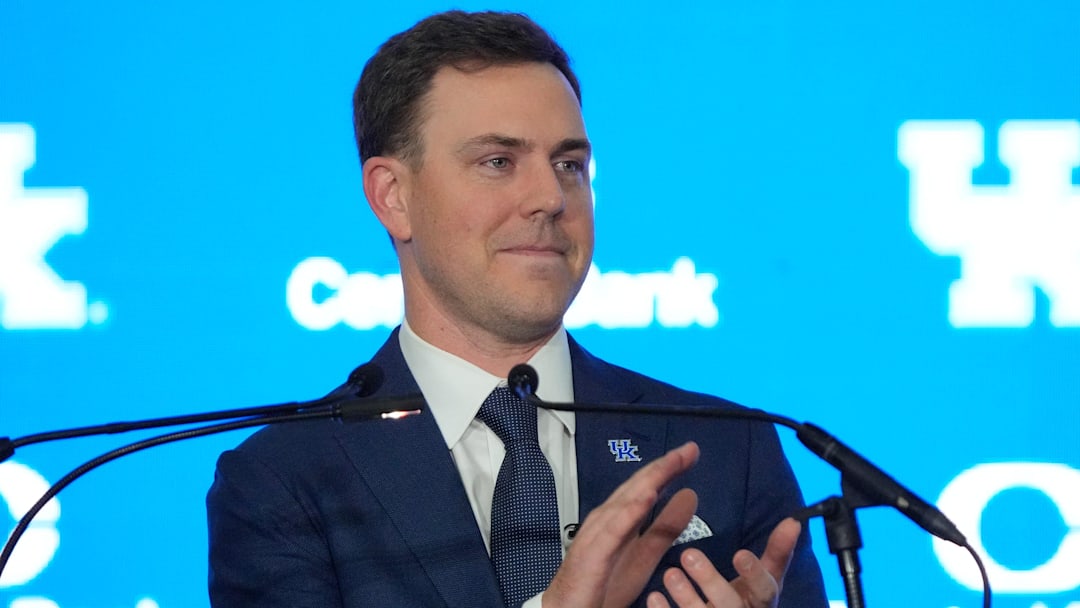 New Kentucky Wildcat head coach Will Stein makes remarks as he is introduced at Kentucky on Wednesday, December 3, 2025
