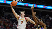 Iowa State Cyclones guard  (0) goes for a layup around Alcorn State Braves forward  (2) during the first half on Dec. 3, 2025, at Hilton Coliseum, in Ames, Iowa.