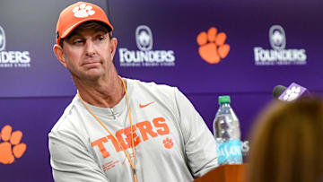 Clemson football head coach Dabo Swinney talks with media before the first football practice at the Allen N. Reeves Football Complex at Clemson University in Clemson, S.C. Friday, February 28, 2025.