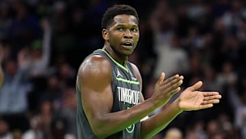 Nov 29, 2024; Minneapolis, Minnesota, USA; Minnesota Timberwolves guard Anthony Edwards (5) reacts during the second half of an NBA Cup game against the LA Clippers at Target Center. Mandatory Credit: Matt Krohn-Imagn Images