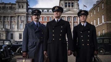 (L to R) Matthew Macfadyen as Charles Cholmondeley, Colin Firth as Ewen Montagu, and Johnny Flynn as Ian Fleming in 'Operation Mincemeat' (2022).