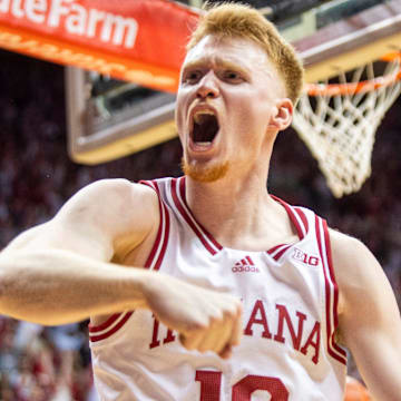 Indiana's Luke Goode (10) celebrates during the Indiana versus Purdue men's basketball game at Simon Skjodt Assembly Hall on Sunday, Feb. 23, 2025.