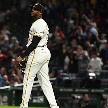 Pittsburgh Pirates pitcher Aroldis Chapman (45) reacts after giving up the lead to the Washington Nationals during the ninth inning of the second game of a doubleheader at PNC Park. 