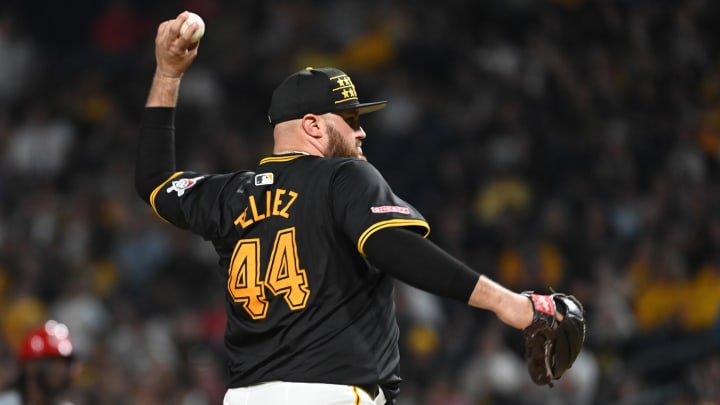 Aug 24, 2024; Pittsburgh, Pennsylvania, USA; Pittsburgh Pirates infielder Rowdy Tellez (44) pitches to the Cincinnati Reds during the ninth inning at PNC Park.