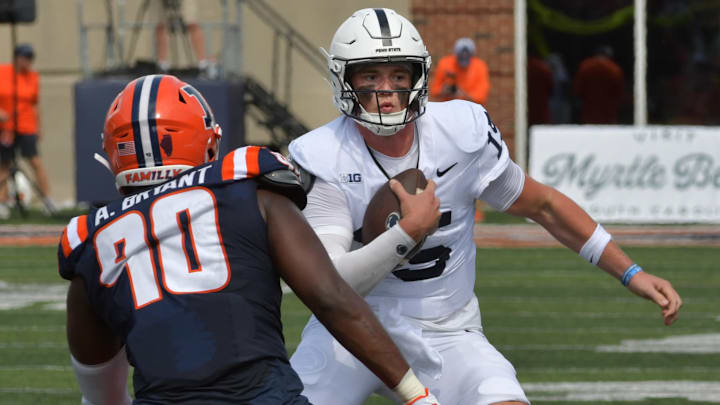 Sep 16, 2023; Champaign, Illinois, USA;  Penn State Nittany Lions quarterback Drew Allar (15) 