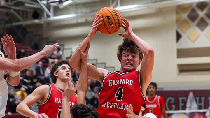 Duke basketball forward Nikolas Khamenia reaches up for a rebound during the first quarter of their game in the Desert Holiday Classic in Rancho Mirage, Calif., Thursday, Dec. 26, 2024.