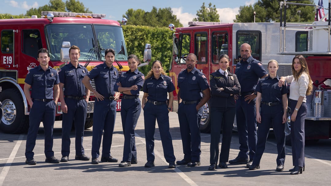 STATION 19 - DisneyÕs ÒStation 19Ó stars Jaina Lee Ortiz as Andy Herrera, Jason George as Ben Warren, Jay Hayden as Travis Montgomery, Danielle Savre as Maya Bishop, Barrett Doss as Vic Hughes, Boris Kodjoe as Robert Sullivan, Stefania Spampinato as Carina DeLuca, Carlos Miranda as Theo Luis, Josh Randall as Captain Sean Beckett, and Merle Dandridge as Chief Natasha Ross. (Disney/Eric McCandless)