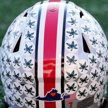 Nov 19, 2022; College Park, MD, USA; The Ohio State Buckeyes helmet decal