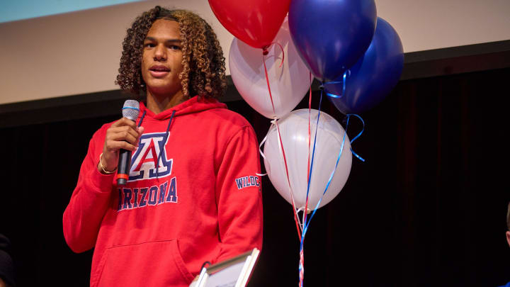 Genesis Smith, committed to Arizona, gives a speech during the signing day ceremony at the Hamilton High School auditorium on Dec. 21, 2022, in Chandler