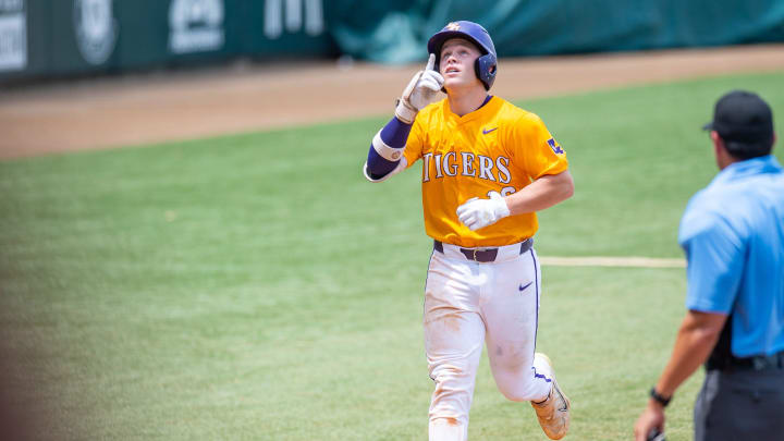 Tigers catcher Brady Neal 16 scores a run as The LSU Tigers take on Texas A & M. Sunday, May 5, 2024.