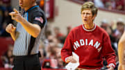 Indiana Head Coach Teri Moren disagrees with a call during the Indiana versus Maryland women's basketball game at Simon Skjodt Assembly Hall on Thursday, Feb. 27, 2025.