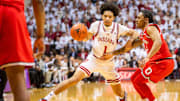 Indiana's Myles Rice (1) drives on Ohio State's Bruce Thornton (2) during the Indiana versus Ohio State men's basketball game at Simon Skjodt Assembly Hall on Saturday, March 8, 2025.