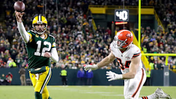 Green Bay Packers quarterback Aaron Rodgers (12) against the Cleveland Browns during their football game on Saturday December 25, 2021, at Lambeau Field in Green Bay, Wis.

Mjs Apc Green Bay Packers Vs Browns 22169 122521wag