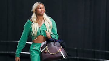 Washington Mystics forward Kiki Iriafen (44) arrives Tuesday, June 3, 2025, before a game between the Indiana Fever and the Washington Mystics at Gainbridge Fieldhouse in Indianapolis.