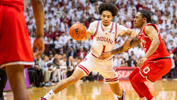 Indiana's Myles Rice (1) drives on Ohio State's Bruce Thornton (2) during the Indiana versus Ohio State men's basketball game at Simon Skjodt Assembly Hall on Saturday, March 8, 2025.