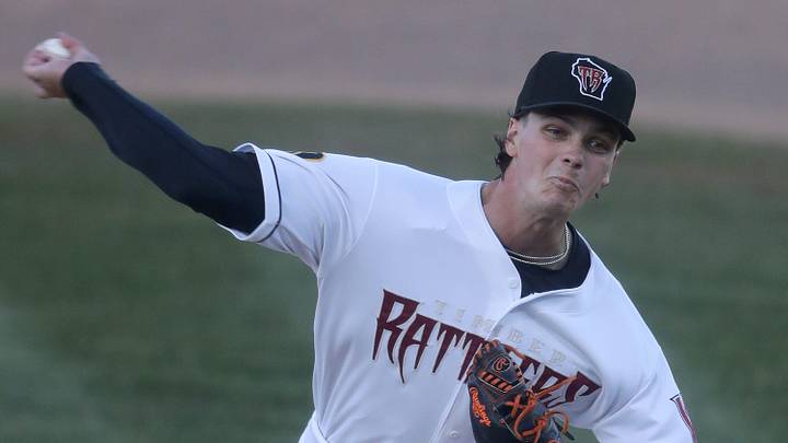 The Wisconsin Timber Rattlers’ starting pitcher Brett Wichrowski (15) against the Peoria Chiefs during their home opener on Friday, April 5, 2024, at Neuroscience Group Field at Fox Cities Stadium in Grand Chute, Wis.