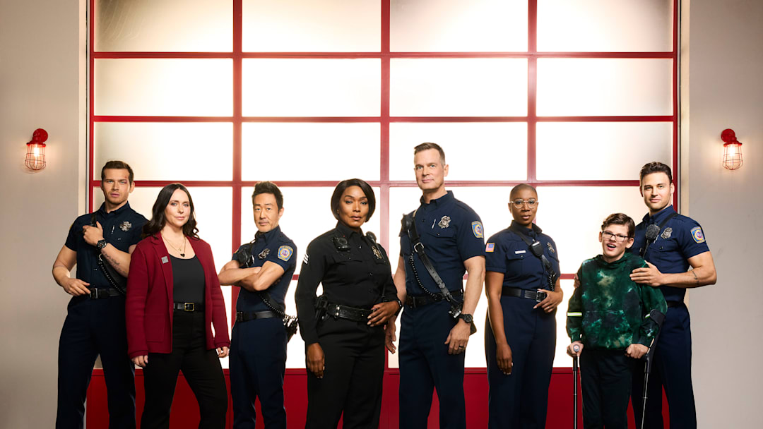 9-1-1 - ABC's 9-1-1 stars Oliver Stark as Evan "Buck" Buckley, Jennifer Love Hewitt as Maddie Kendall, Kenneth Choi as Howie "Chimney" Han, Angela Bassett as Athena Grant, Peter Krause as Bobby Nash, Aisha Hinds as Henrietta "Hen" Wilson, Gavin McHugh as Christopher Diaz, and Ryan Guzman as Eddie Diaz. (Disney/Justin Stephens)