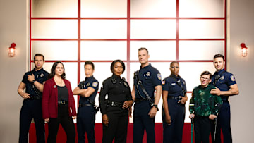 9-1-1 - ABC's 9-1-1 stars Oliver Stark as Evan "Buck" Buckley, Jennifer Love Hewitt as Maddie Kendall, Kenneth Choi as Howie "Chimney" Han, Angela Bassett as Athena Grant, Peter Krause as Bobby Nash, Aisha Hinds as Henrietta "Hen" Wilson, Gavin McHugh as Christopher Diaz, and Ryan Guzman as Eddie Diaz. (Disney/Justin Stephens)