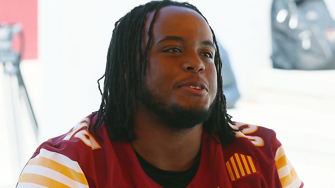 Iowa State defensive line Domonique Orange talks to media during the university football media day at Jack Trice Stadium on Friday, August 2, 2024, in Ames, Iowa.