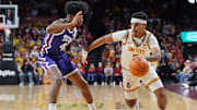 Iowa State Cyclones guard Tamin Lipsey (3) drives with the ball around TCU Horned Frogs Guard Jace Posey (41) during the first half in the Big-12 men’s basketball at Hilton Coliseum on Feb 8, 2025 in Ames, Iowa.