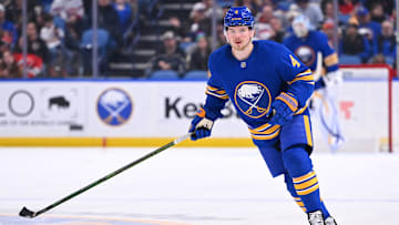Bowen Byram (4) in a game against the New Jersey Devils earlier this season