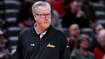 Iowa Hawkeyes head coach Fran McCaffery watches the action Wednesday, March 12, 2025, in a first round game at the 2025 TIAA Big Ten Men’s Basketball Tournament between the Iowa Hawkeyes and the Ohio State Buckeyes at Gainbridge Fieldhouse in Indianapolis.