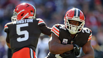Cleveland Browns running back Nick Chubb (24) runs for yards during the first half against the Baltimore Ravens on Sunday, Oct. 27, 2024, in Cleveland, Ohio.